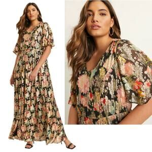 June+Vie 18/20 Metallic Floral Maxi Dress $369 Elegant Plus Formal Gown Gold 2XL